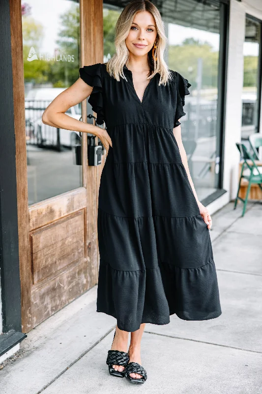 Look You Up Black Ruffled Midi Dress Ends Soon