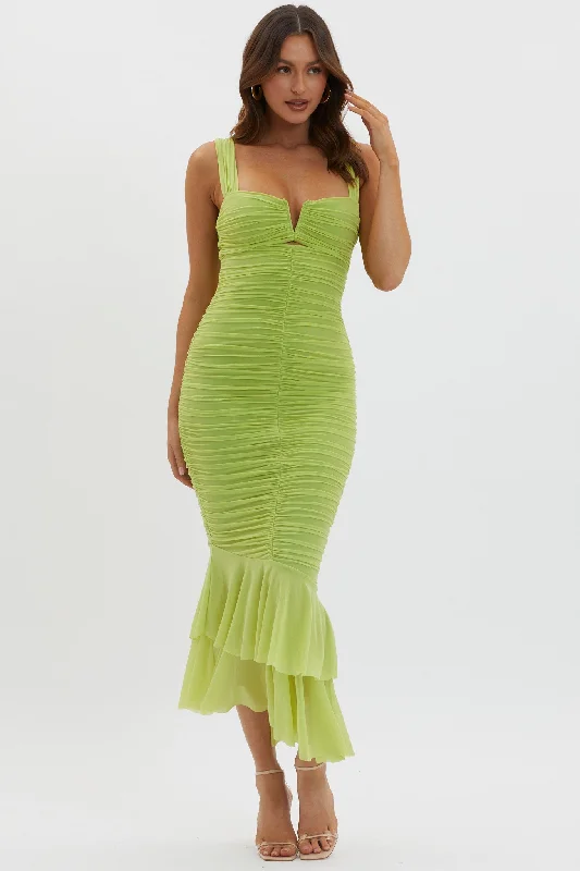 Nadia Ruched Fishtail Maxi Dress Lime Stay Ahead In Style