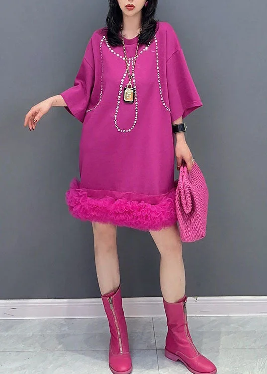 Style Rose Tulle Ruffled Zircon Patchwork Cotton Dress Summer Chic Trend Collection