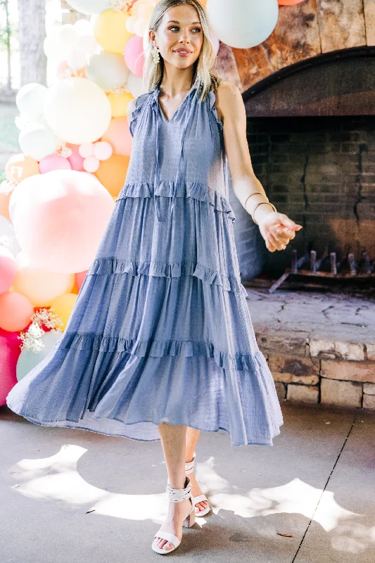 Pursue Perfection Chambray Blue Ruffled Midi Dress Forward Trendsetter