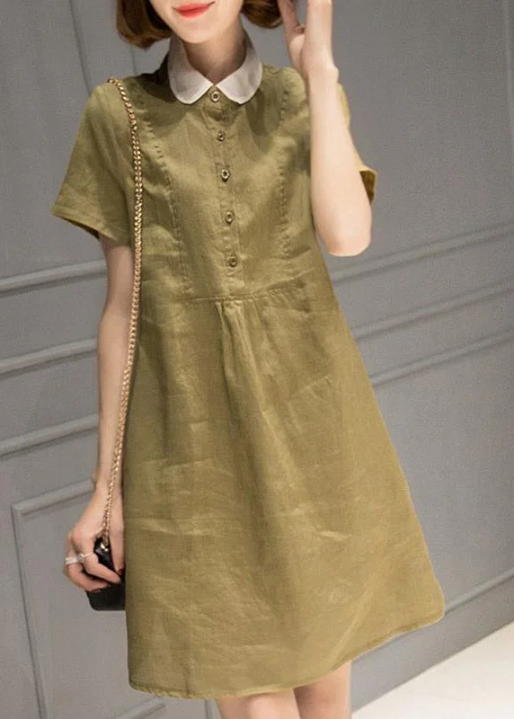 Simple Blackish Green Peter Pan Collar Button Linen Mid Dress Short Sleeve Vintage Charm