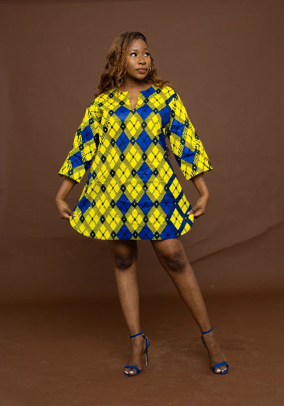 Agu Ankara Tunic Short Dress |Yellow and Blue African Print Spring Fling Sale