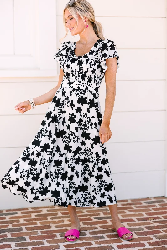 Suit Yourself Black Floral Midi Dress Trendy Street Style Attire