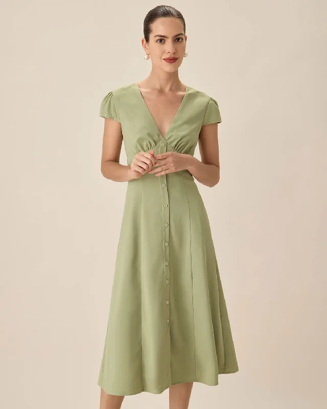 Green V-Neck Button Midi Dress Fashion Sale