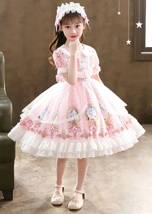 Cute Pink Ruffled Cartoon Print Patchwork Chiffon Kids Girls Princess Dress Summer Style Your Wardrobe