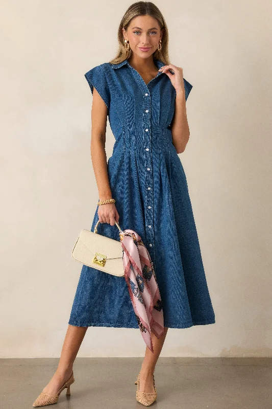 Classic Tea Party Dark Wash Denim Button Front Pleated Midi Dress Wardrobe Refresh