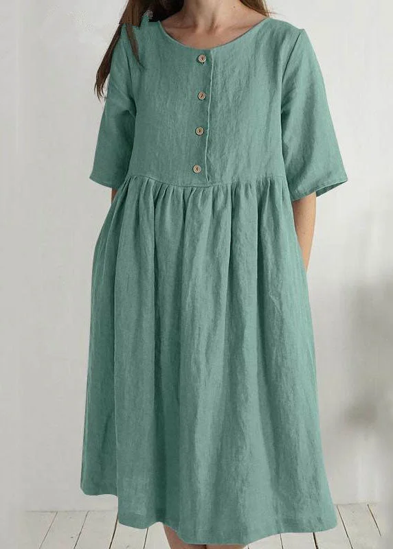 Women Green O Neck Pockets Wrinkled Patchwork Linen Dress Summer Elegant Attire For The Modern Lady