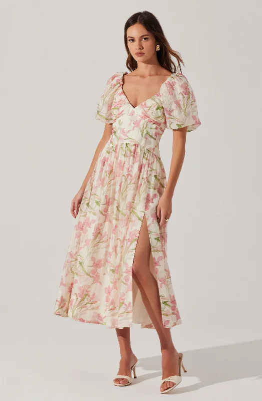 Sasilia Floral Puff Sleeve Dress Elegant Clothing