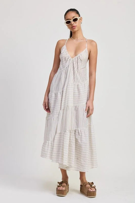 Striped Cross Back Linen Midi Dress Daily Deals