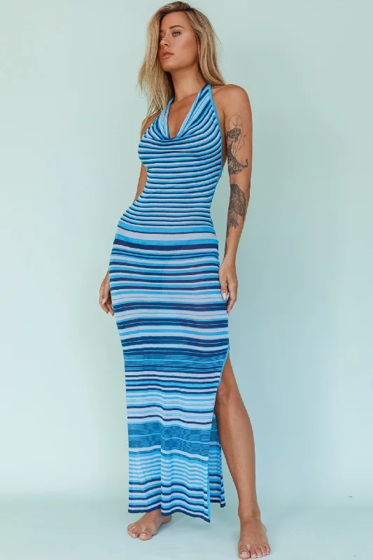 Azure Shores Knit Midi Dress Striped Blue Casual Elegance