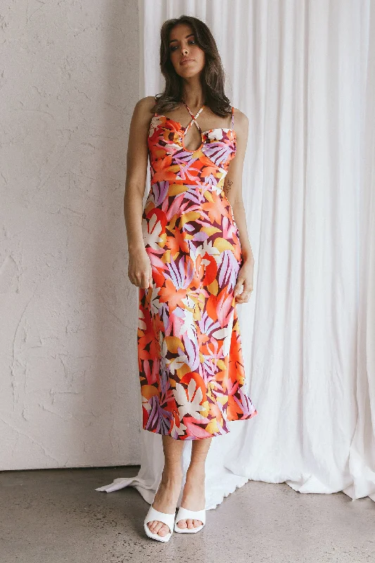 Emmalie Satin Midi Dress Floral Orange Buy More, Save More