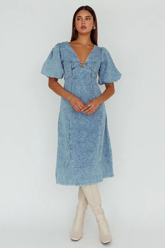 Elias Puff Sleeve Midi Dress Denim Y2K Nostalgic Fashion Look