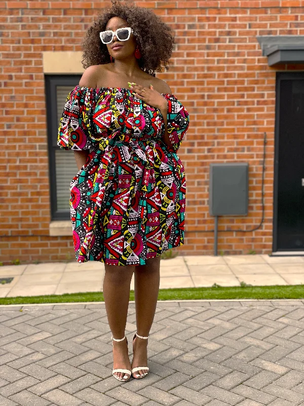 Bridget Ankara Off shoulder Midi Dress | Black and White Multicolored African Print Elegant Simplicity Wardrobe