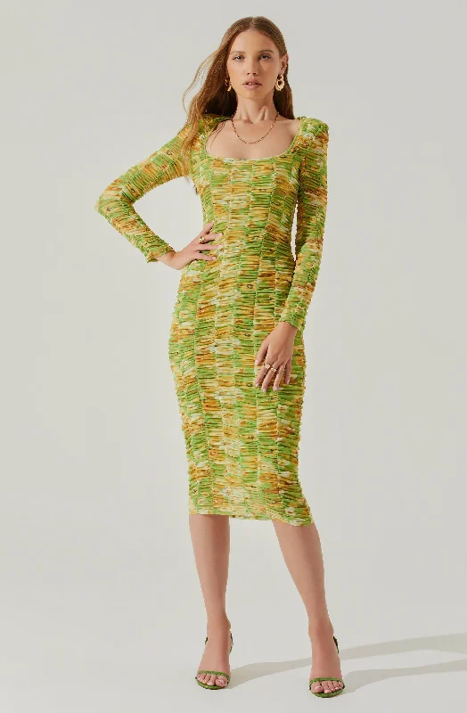 Yelina Ruched Long Sleeve Midi Dress Chic Allure