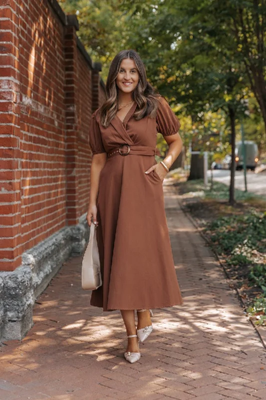 True Autumn Brown Belted Midi Dress - FINAL SALE Chic Style, Always In Vogue