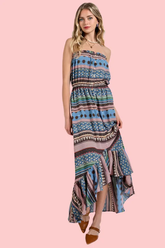 Gabby Mixed Print Button Detailed Tube Midi Dress Fashion Forward Femininity