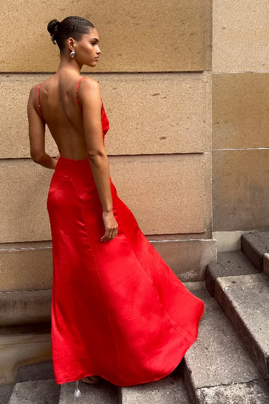 Kamala Low Back Satin Maxi Dress - Red Anniversary Sale