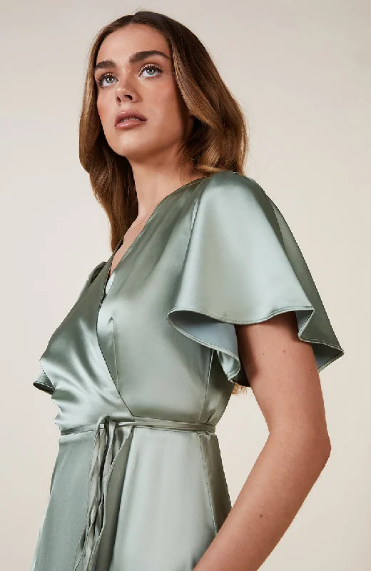 Florence Waterfall Dress in Sage Green Satin Elegant Style