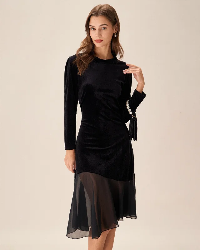 Black Contrasting Velvet Midi Dress Versatile Style Wardrobe