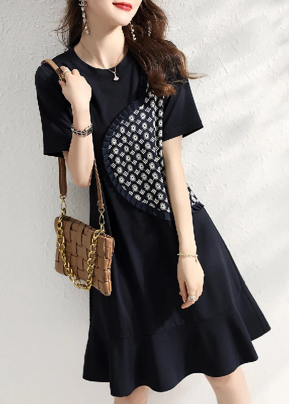 Beautiful Navy O Neck Ruffled Patchwork Cotton Dresses Summer Final Sale