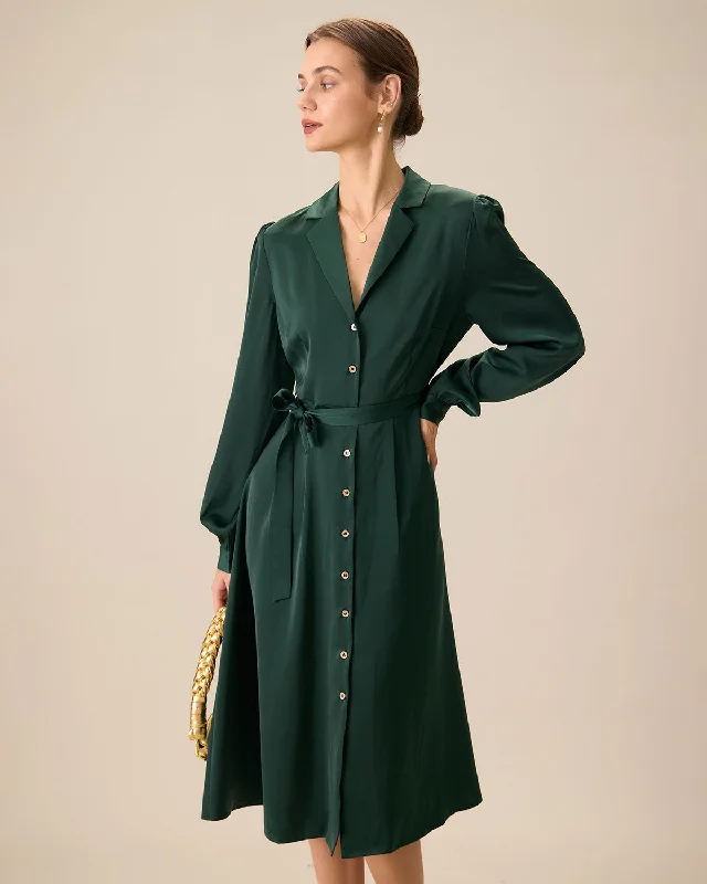 Green Satin Button Midi Dress Nordic Minimalist Home Look