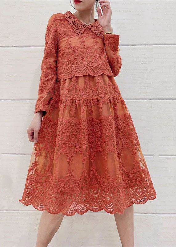 Italian Orange Peter Pan Collar Embroideried Patchwork Tulle Dresses Long Sleeve Big Savings On Minimalist Office Styles