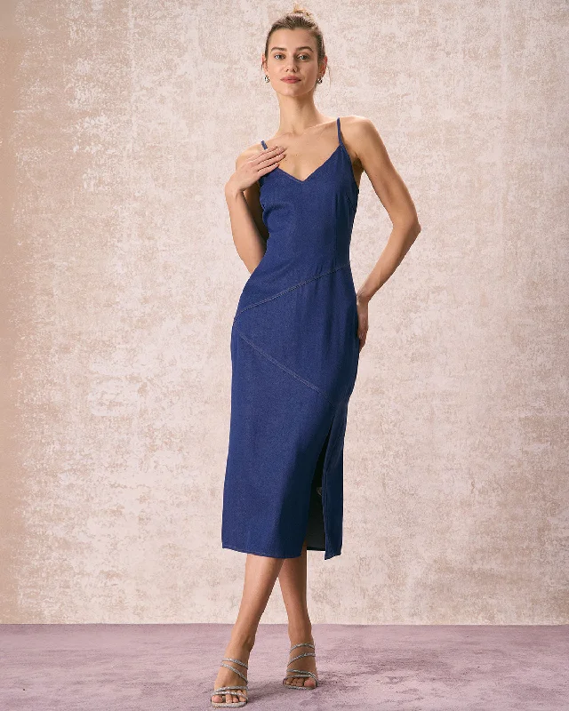 The Navy V-Neck Side Split Slip Midi Dress Luxury Style