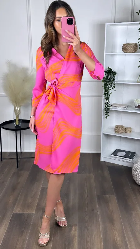 Tilly Orange & Pink Midi Wrap Dress Elegant Style