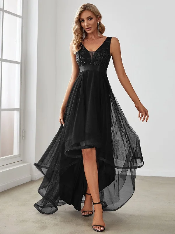 Fashion High-Low Deep V Neck Tulle Evening Dresses with Sequin Appliques Wardrobe Upgrade