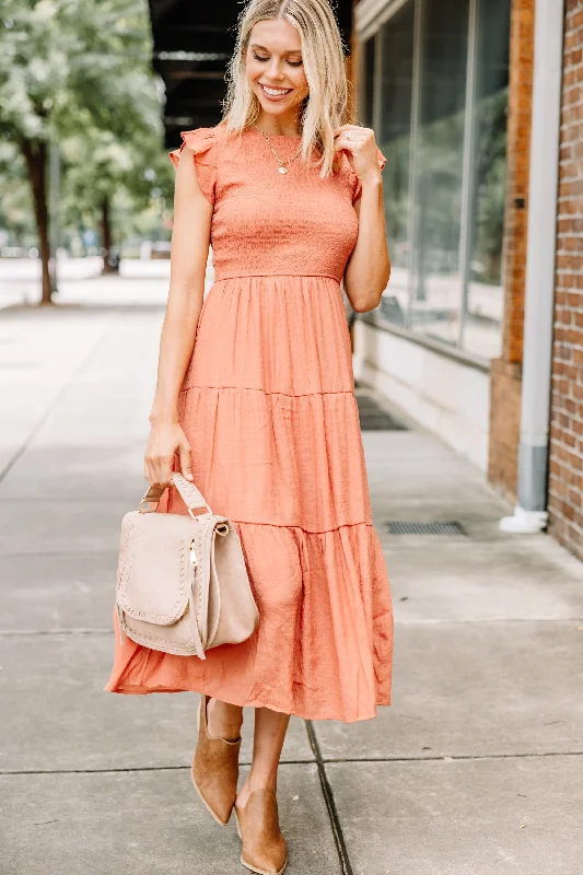 Learn To Love Sienna Orange Smocked Midi Dress Seasonal Sale