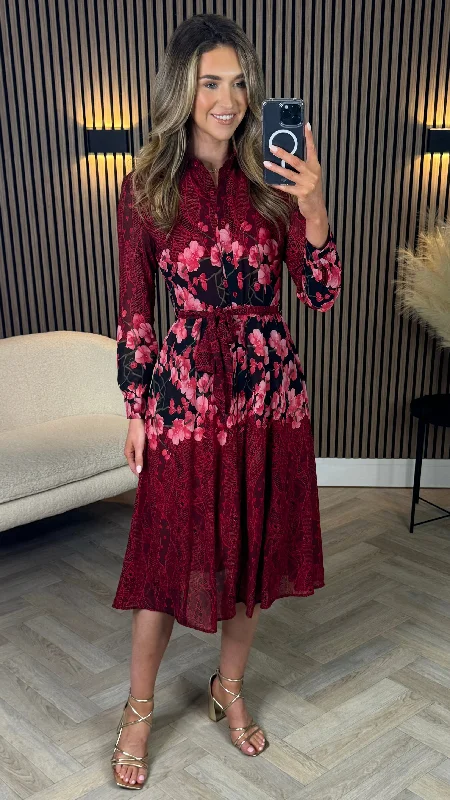 Aaliyah Red and Pink Floral Shirt Midi Dress Stylish Basics