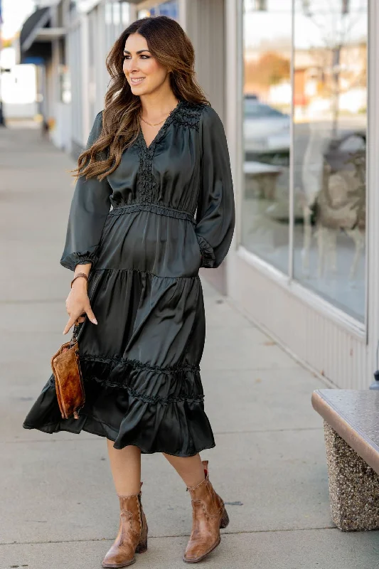 Ruffle Accented Long Sleeve Midi Dress Seize Bargains