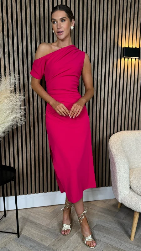 Diana Pink Asymmetric Neckline Midi Dress Refined Look