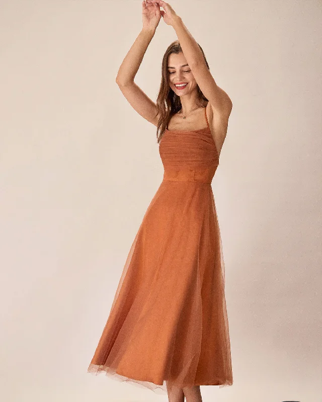 Caramel Mesh Flowy Slip Midi Dress Break Fashion Norms