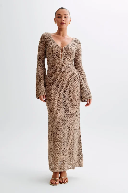 Kayleigh Crochet Fishtail Flare Sleeve Maxi Dress - Taupe Fashion Forward