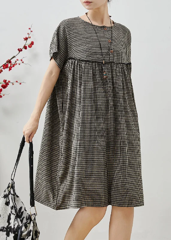 Plus Size Grey Oversized Plaid Cotton Dress Summer Budget Friendly Fashion