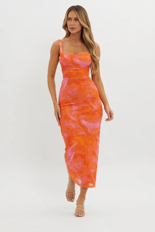 Dream Crush Lace-Up Back Side Split Maxi Dress Swirl Orange Bold Fashion