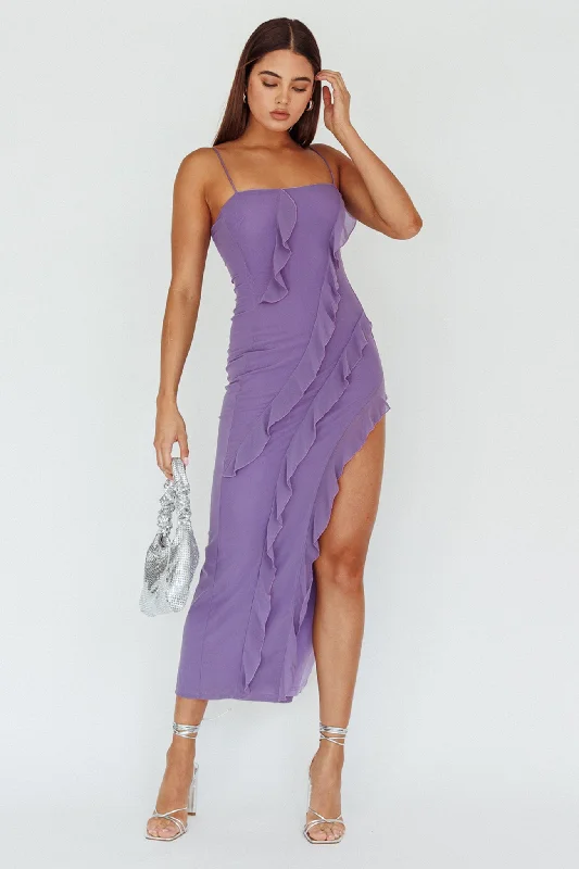 Catriona Split Ruffle Midi Dress Mauve Dive Into Trendy Women's Fashion