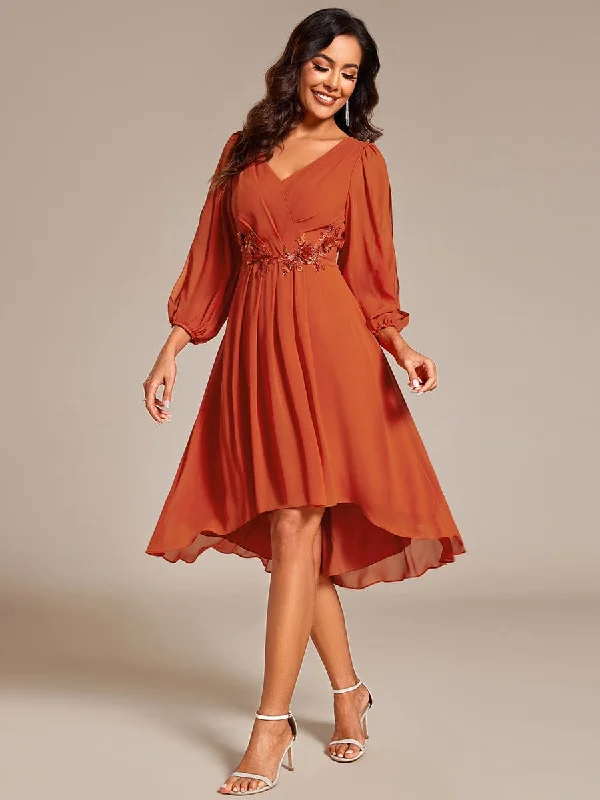 Warm Elise | Long Sleeves Waist Applique A-Line Midi Chiffon Wedding Guest Dress Vibrant Styles