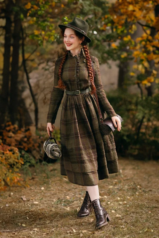 Amy Dress, Long Sleeve, Twill Linen, Oak Tartan Chic Style, Always In Vogue