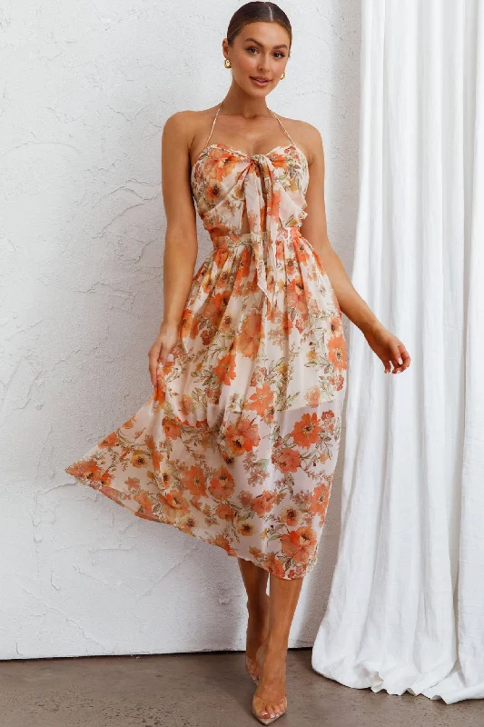 Los Feliz Tied Bust Halterneck Midi Dress Floral Beige Playful Elegance