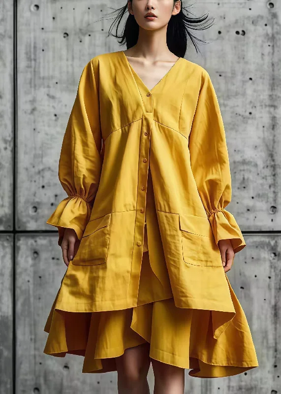 Women Yellow Asymmetrical Design Cotton Shirt Dresses Fall Luxury Style