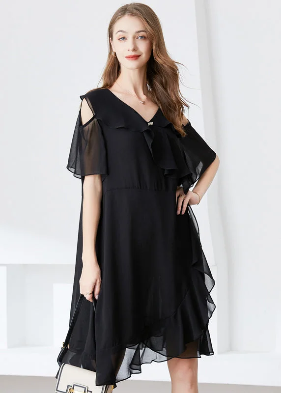 Elegant Black Cold Shoulder Ruffles Chiffon Maxi Dresses Summer Save Big