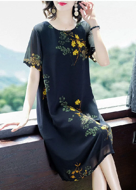 Modern Black O-Neck Print Draping Chiffon Maxi Dresses Summer Hot Brand Discounts