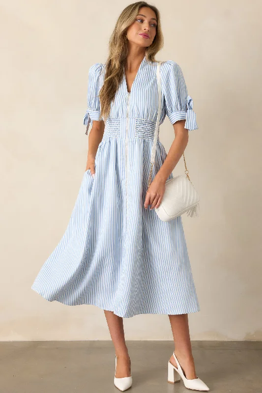 Afternoon Tea Sky Blue Stripe Zip Front Midi Dress Alluring Design