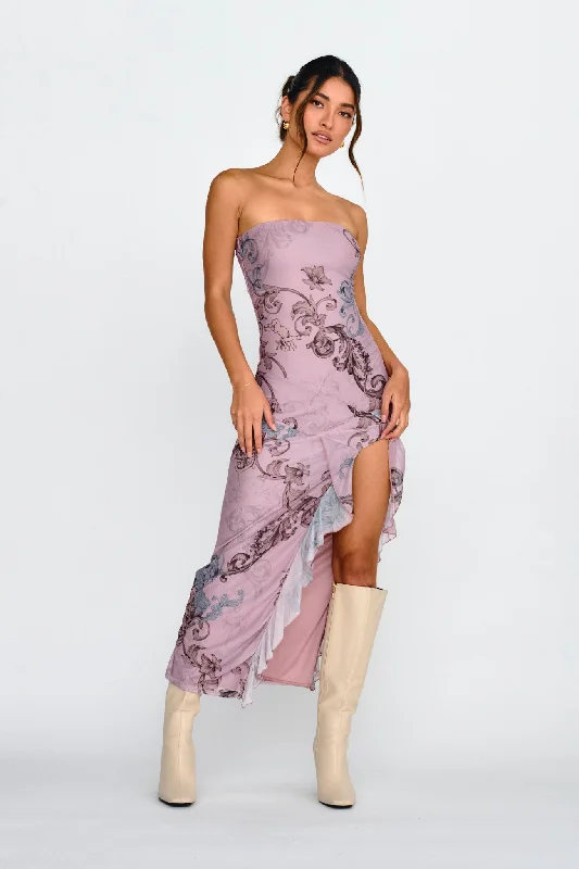 Shelby Strapless Ruffle Split Midi Dress Mauve Comfortable Chic