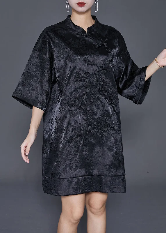 Fine Black Embroideried Chinese Button Silk Mini Dress Half Sleeve Flash Sale, Don't Miss