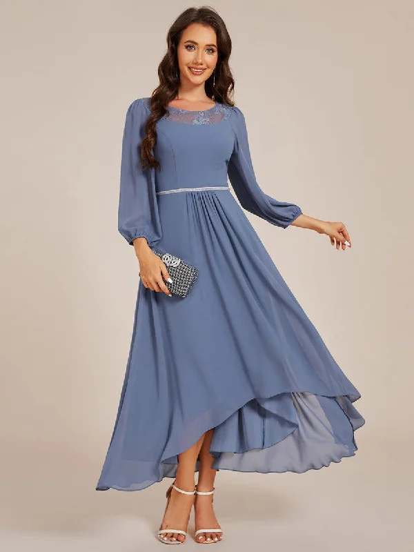 Cora | Long Sleeve Waist Chain Round Neckline Midi Chiffon Wedding Guest Dress Stay Ahead In Style