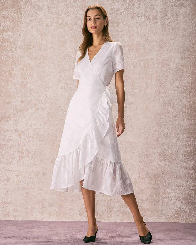 The White V Neck Jacquard Wrap Midi Dress Chic And Edgy