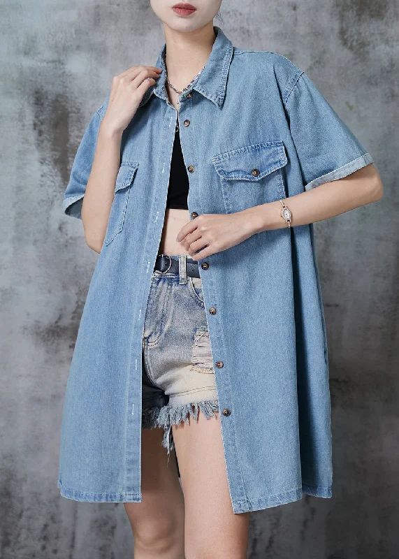 Light Blue Denim Day Dress Peter Pan Collar Pockets Summer Quality Wear